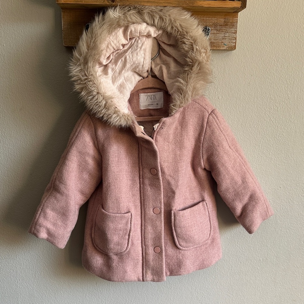 Zara Kids Blush Pink Fur-Trimmed Wool Blend Coat